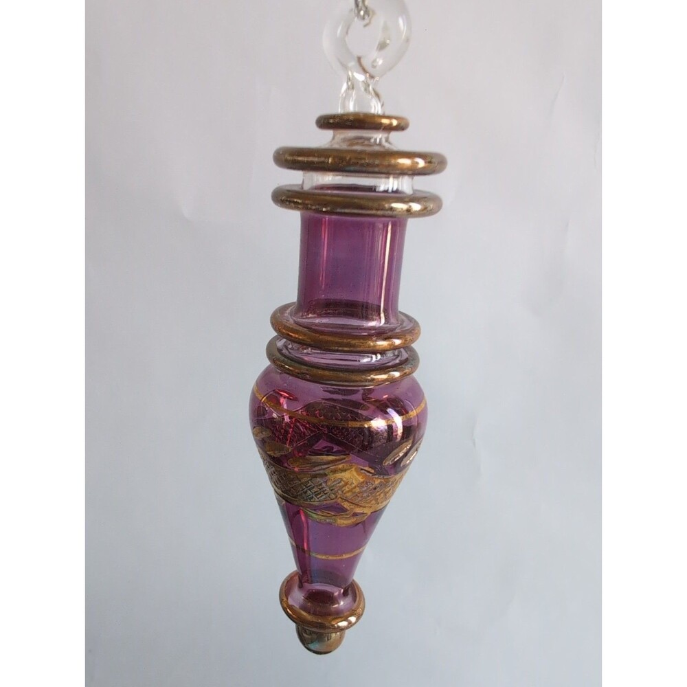 Egyptian Hand Blown Glass Ornament Drop Purple Gold Etched Christmas Ornate